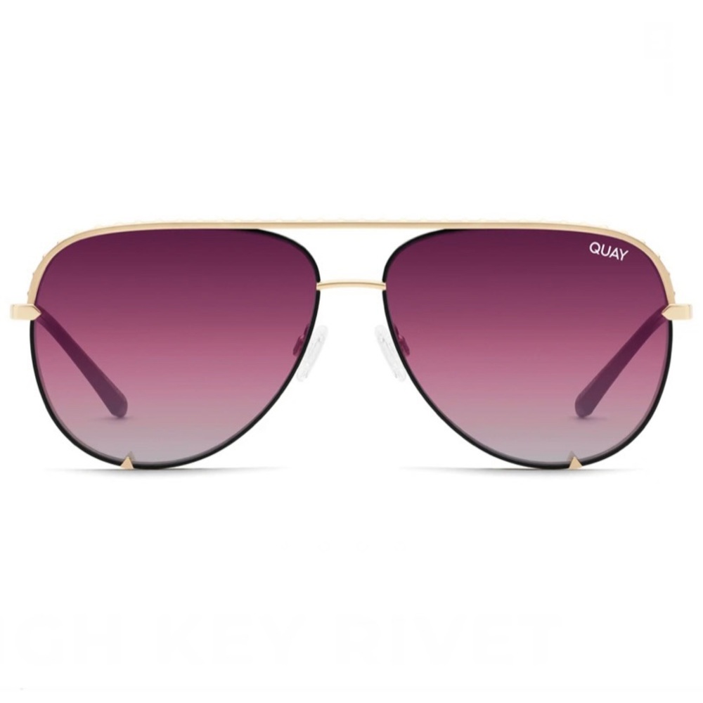 QUAY High Key Sunglasses Rivet Aviators Gold Frame Purple Pink Gradient Lenses - Picture 2 of 9